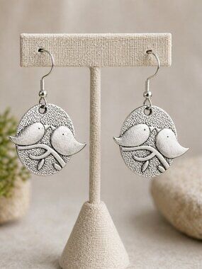 Love Bird Drop Earrings Antique Silver